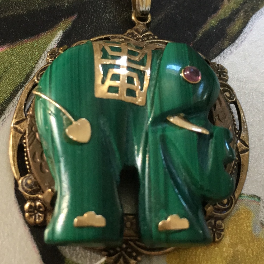 Vintage Malachite, Ruby & Gold Elephant Pendant